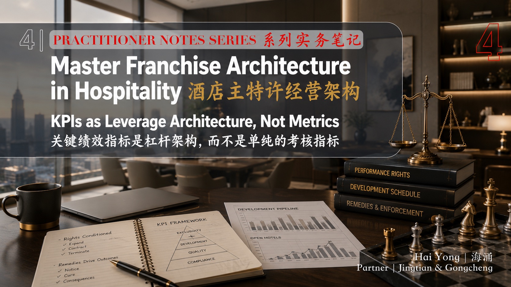 《酒店主特许经营架构：实务笔记》系列第四篇封面图片，背景为高端商务场景，前景包含关键绩效指标框架材料、开发计划文件以及法律与战略相关元素，并叠加中英文标题"KPIs as Leverage Architecture, Not Metrics / 关键绩效指标是杠杆架构，而不是单纯的考核指标"。