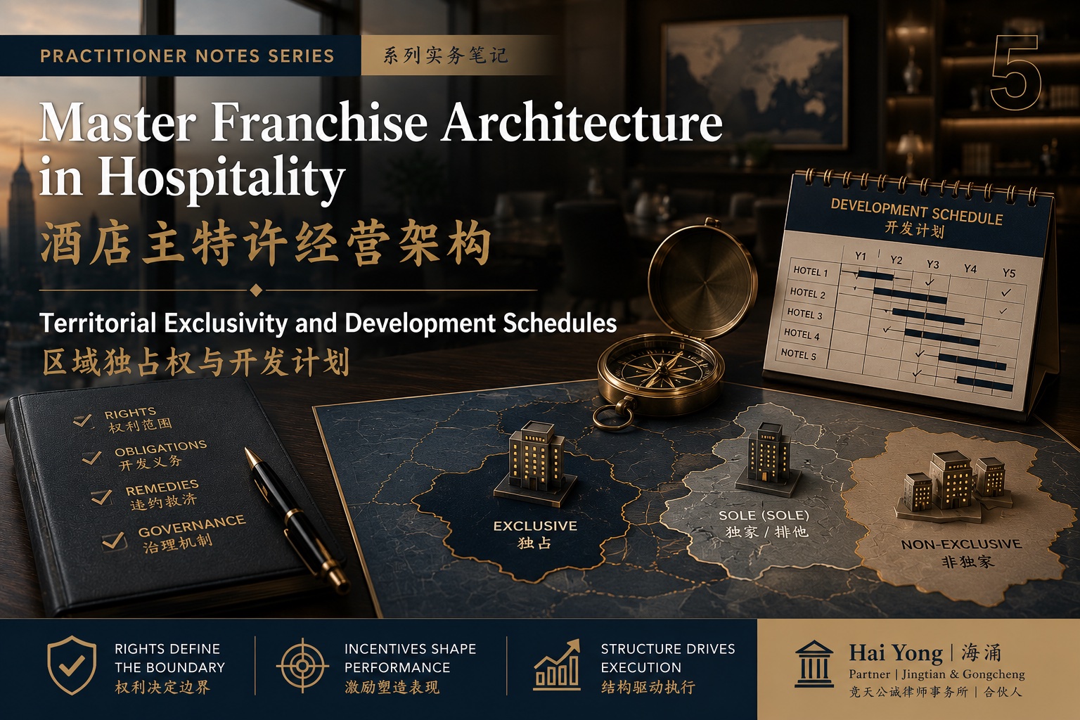 《酒店主特许经营架构:实务笔记》系列第五篇封面图片,背景为现代化商务场景,前景包含区域地图元素、酒店开发计划文件,并叠加中英文标题"Territorial Exclusivity and Development Schedules / 区域独占权与开发计划"。